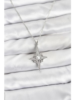 Butik Bfs 316L Çelik Zincir Gümüş Renk Kutup Yıldızı Model Zirkon Taşlı Kadın Kolye