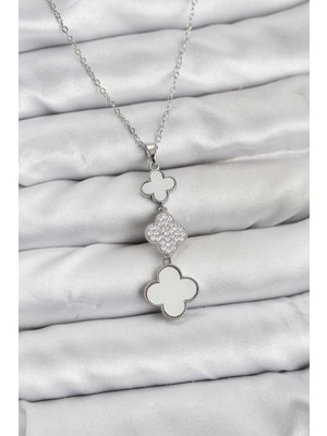 Butik Bfs 316L Çelik Zincir Gümüş Renk Yonca Detaylı Zirkon Taşlı Kadın Kolye