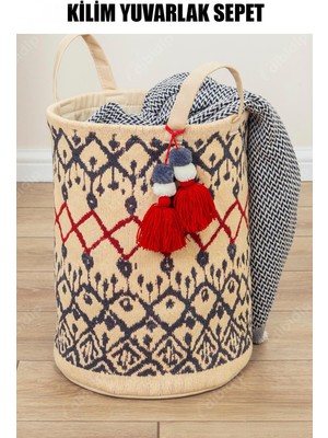 PremiumPort Yuvarlak Kilim Sepet, Şık ve Kullanışlı Ev Dekorasyonu Aksesuarı