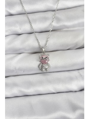 Shopwave 316L Çelik Zincir Gümüş Renk Teddy Bear Model Zirkon Taşlı Kadın Kolye