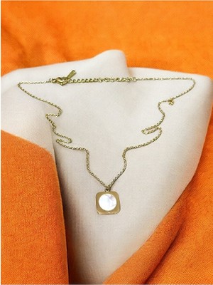 Mac Center Kare Model Doğaltaşlı Paslanmaz Çelik Gold Renk Kadın Kolye-Kadın Kolye- Kolye-Hediye