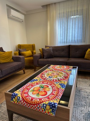 Karam Home Akdeniz Desenli Turuncu Runner / Limon Figürlü Renkli Runner