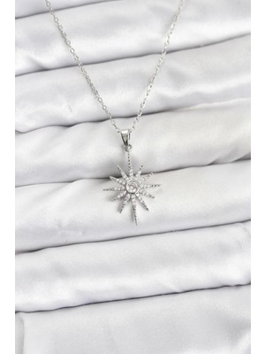Butik Bfs 316L Çelik Zincir Gümüş Renk Kutup Yıldızı Model Zirkon Taşlı Kadın Kolye