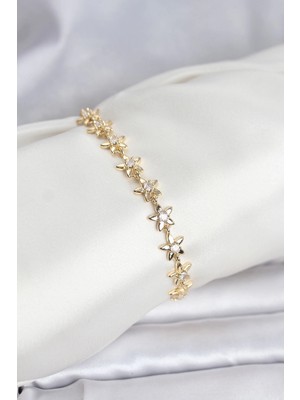Butik Bfs Pirinç Gold Renk Vıp Seri Sıralı Taşlı Yıldız Model Zirkon Taşlı Kadın Bileklik