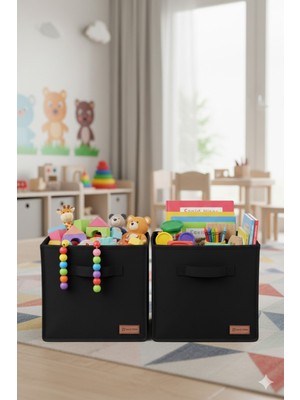 PremiumPort Çiftli Siyah 28X28X28 Dekoratif Kulplu Dolap Içi Organizer Seti