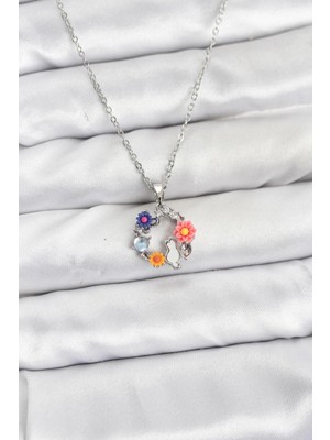 Butik Bfs 316L Çelik Zincir Gümüş Renk Çiçekli Kedili Model Kadın Kolye