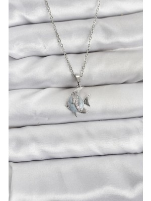 Butik Bfs 316L Çelik Zincir Gümüş Renk Balık Model Zirkon Taşlı Kadın Kolye