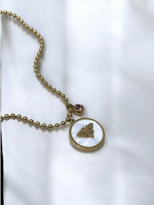 Mac Center Doğal Taşlı Kelebek Detaylı Altın Renk Paslanmaz Kararmaz Çelik Kadın Kolye