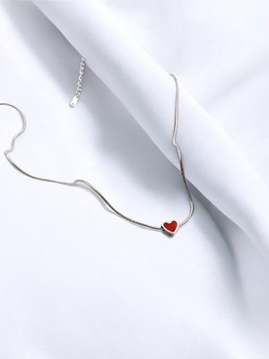 Mac Center Mini Kırmızı Kalpli Paslanmaz Çelik Gümüş Renk Kadın Kolye-Kadın Kolye- Kolye-Hediye