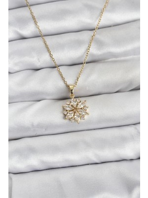 Butik Bfs 316L Çelik Zincir Gold Renk Lotus Model Zirkon Taşlı Kadın Kolye
