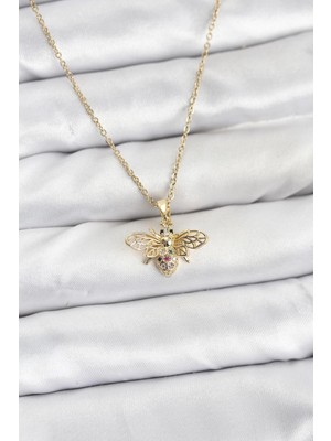Butik Bfs 316L Çelik Zincir Gold Renk Sinek Model Zirkon Taşlı Kadın Kolye