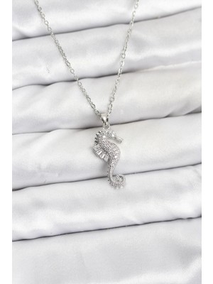 Shopwave 316L Çelik Zincir Gümüş Renk Deniz Atı Model Zirkon Taşlı Kadın Kolye