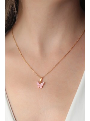 Butik Bfs Gold Pembe Renk Kelebek Figür Kadın Kolye