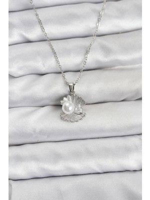 Butik Bfs 316L Çelik Zincir Gümüş Renk Istiridye Inci Model Zirkon Taşlı Kadın Kolye