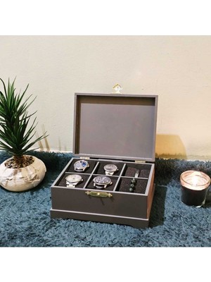 PremiumPort Ahşap 6 Bölmeli Dekoratif Gri Saat Saklama ve Organizer Kutusu