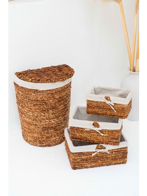 PremiumPort Hasır Iç Korumalı Küçük Kapaklı Sepet ve 3 Organizer D Seti