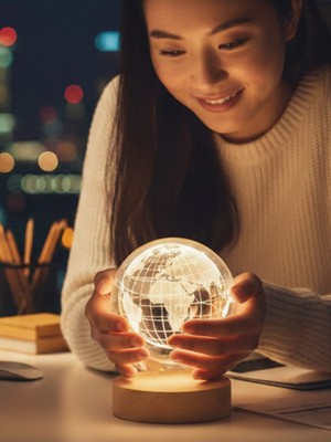 PremiumPort Ahşap Altlıklı USB LED Kristal Cam Küre Gece Lambası, Dekoratif ve Hediye