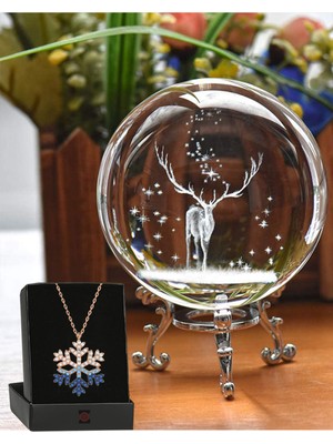 PremiumPort 3D Cam Küreli Geyik ve Zirkon Kolye, Metal Ayaklı, Dekoratif Takı