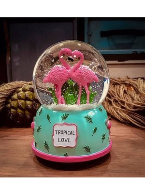 PremiumPort Büyük Boy Flamingo Temalı Işıklı ve Müzikli Püskürtmeli Kar Küresi 16 cm