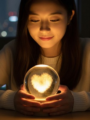 PremiumPort Kalp Tasarımlı Işıklı Cam Küre Gece Lambası USB ve Ahşap Tabanlı