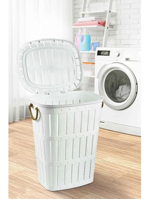 PremiumPort Bambu Desenli 65 Litre Çamaşır Sepeti, Halat Kulplu, Şık ve Fonksiyonel