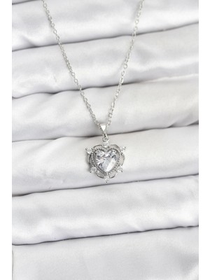 SHC4200 Bfs 316L Çelik Zincir Gümüş Renk Kalp Model Zirkon Taşlı Kadın Kolye