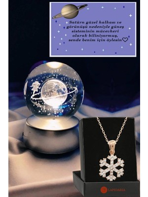 PremiumPort Satürn Temalı 3D LED Işıklı Cam Küre ve Kar Tanesi Kolye