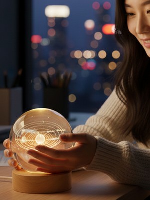 PremiumPort Ahşap Altlıklı USB LED Kristal Cam Küre Gece Lambası, Dekoratif ve Hediye