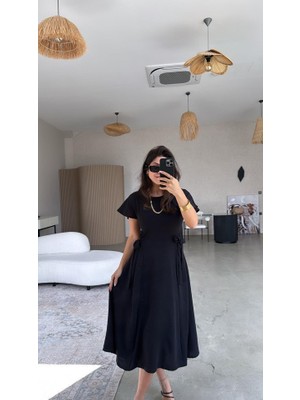 Nidam Butik Kadın Aerobin Kumaş Arkası Düğmeli Yanı Kuşaklı Elbise