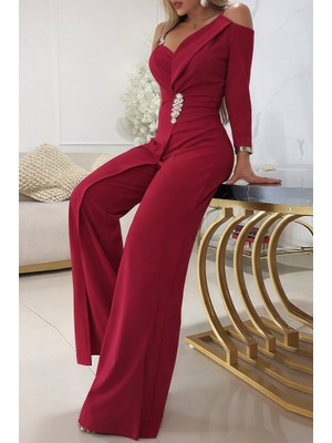 Arben Boutique Kadın Tek Omuzdan Askılı Uzun Kollu Yakalı Yandan Çiçek Aksesuar Detaylı Ithal Krep Tulum