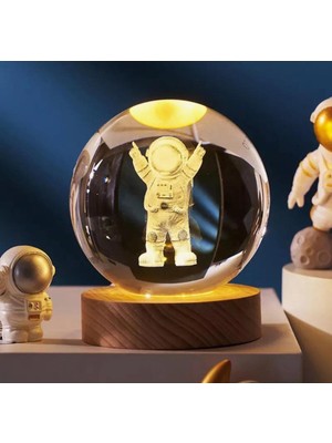 PremiumPort 3D LED Işıklı Ahşap Astronot Cam Küre Dolunay Lamba USB Hediye