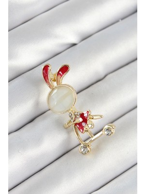 Inure Jewelry Zirkon Taş Detaylı Kırmızı 3D Scooter Süren Tavşan Kız Figürlü Gold Renk Kadın Broş