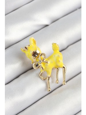 Inure Jewelry Zirkon Taşlı Fiyonk Detaylı 3D Sarı Ceylan Figürlü Gold Renk Kadın Broş
