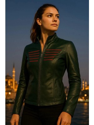 HMO Store Kırmızı Hatlı Özel Tasarım Premium Kadın Hakiki Deri Ceket