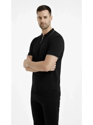 Erkek Triko Kumaş Yakalı Düğmesiz Açık Yaka Fitilli Kısa Kollu Regular Fit Tişört T-Shirt - Siyah