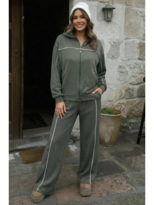 Kadın Uzun Kollu Önden Fermuarlı Bluz ve Pantolon Modal Ikili Takım