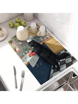 Harikabirev Bulaşık Kurutma Matı Kurutma Örtüsü Tezgah Üstü Bulaşıklık 40X50CM Yıkanabilir | Siyah Kedi Desenli