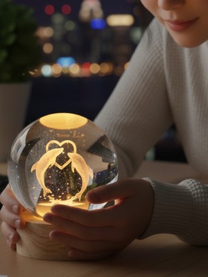 PremiumPort Yunus Balığı Ahşap Altlıklı USB LED Kristal Cam Küre Gece Lambası