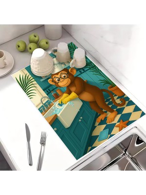 Harikabirev Bulaşık Kurutma Matı Kurutma Örtüsü Tezgah Üstü Bulaşıklık 40X50CM Yıkanabilir | Maymun Desenli