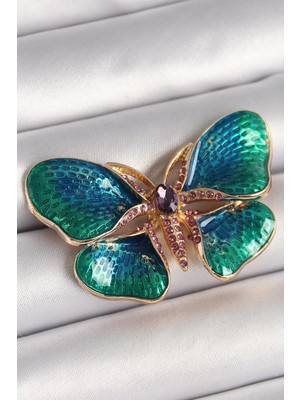 Inure Jewelry Pirinç Gold Renk Turquaz Model Zirkon Taş Detaylı Kelebek Model Kadın Broş