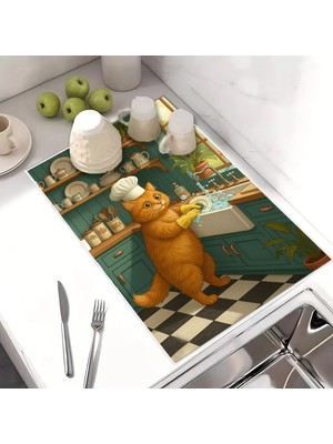 Harikabirev Bulaşık Kurutma Matı Kurutma Örtüsü Tezgah Üstü Bulaşıklık 40X50CM Yıkanabilir | Kedi Desenli