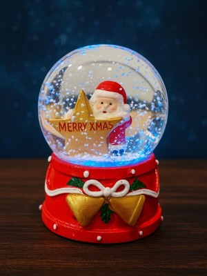 PremiumPort Yılbaşı Temalı LED Işıklı Yıldızlı Noel Baba ve Kar Küresi 9 cm