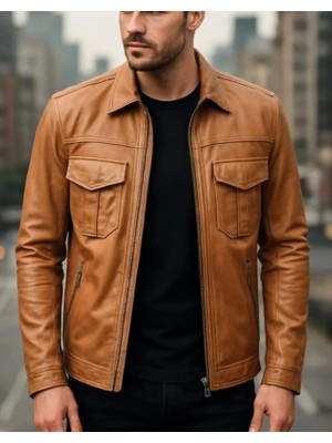 HMO Store Kahve Rengi Premium Özel Tasarım Hakiki Deri Ceket