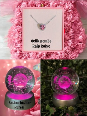 PremiumPort 3D Satürn Kız Renk Değiştiren Kar Küresi ve Pembe Çelik Kalp Kolye