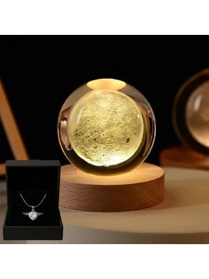 PremiumPort Dolunay Temalı LED Işıklı Cam Küre ve Kalp Detaylı Çelik Kolye Seti