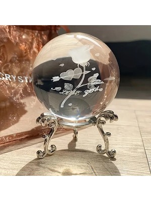 PremiumPort Metal Ayaklı 3D Gül Tasarımlı Cam Küre, Şık Dekoratif Obje, 6cm
