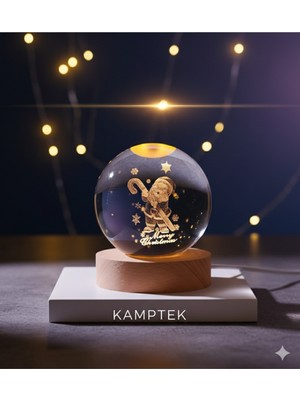 PremiumPort Işıklı Ahşap Alt Tasarım Cam Küre, Noel ve Yılbaşı Dekoru
