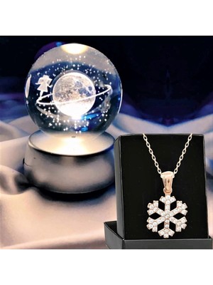 PremiumPort LED Işıklı Satürn ve Dolunay Temalı Kristal Top ve Kar Tanesi Kolye