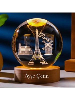 PremiumPort Kişiye Özel Işıklı Ahşap Paris Temalı Cam Küre 8X6CM