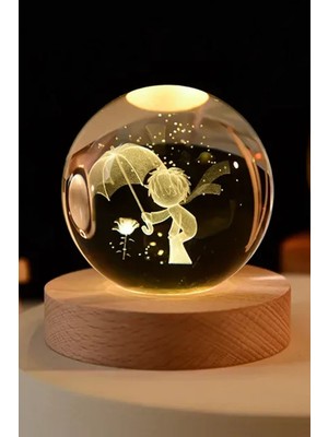 PremiumPort 3D Kristal Top Küçük Prens Modeli Ahşap Standlı USB Bağlantılı